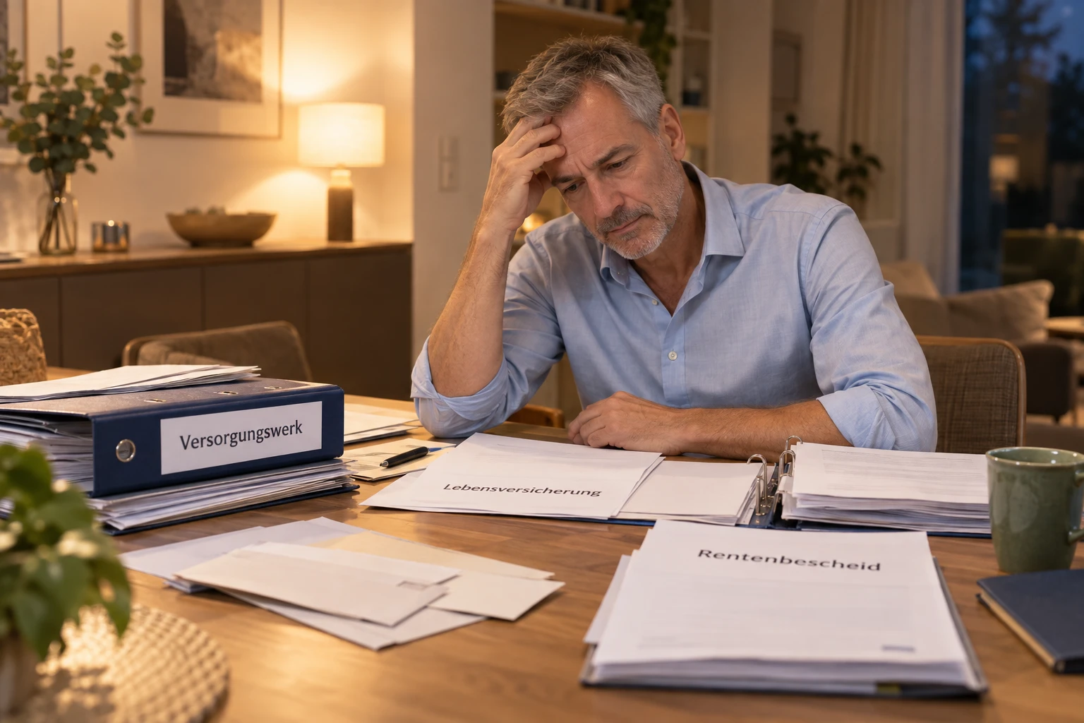 Martin sitzt abends allein vor Aktenordnern und Bescheiden
